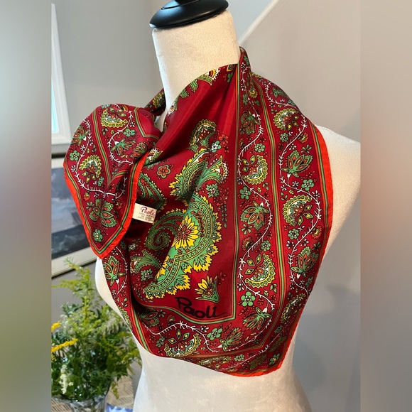 PAOLI Paisley Floral Scarf Red Yellow 27”x27” Made in Japan - Picture 3 of 13